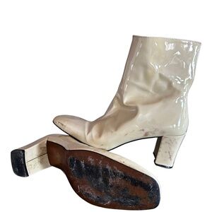 Cream Shiny Vinyl Ankle Block Heel Exposed Zip Gogo Boots Shoes